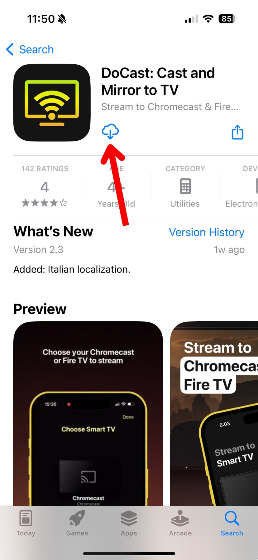 A screenshot of the App Store with a red arrow pointing to the cloud download icon.