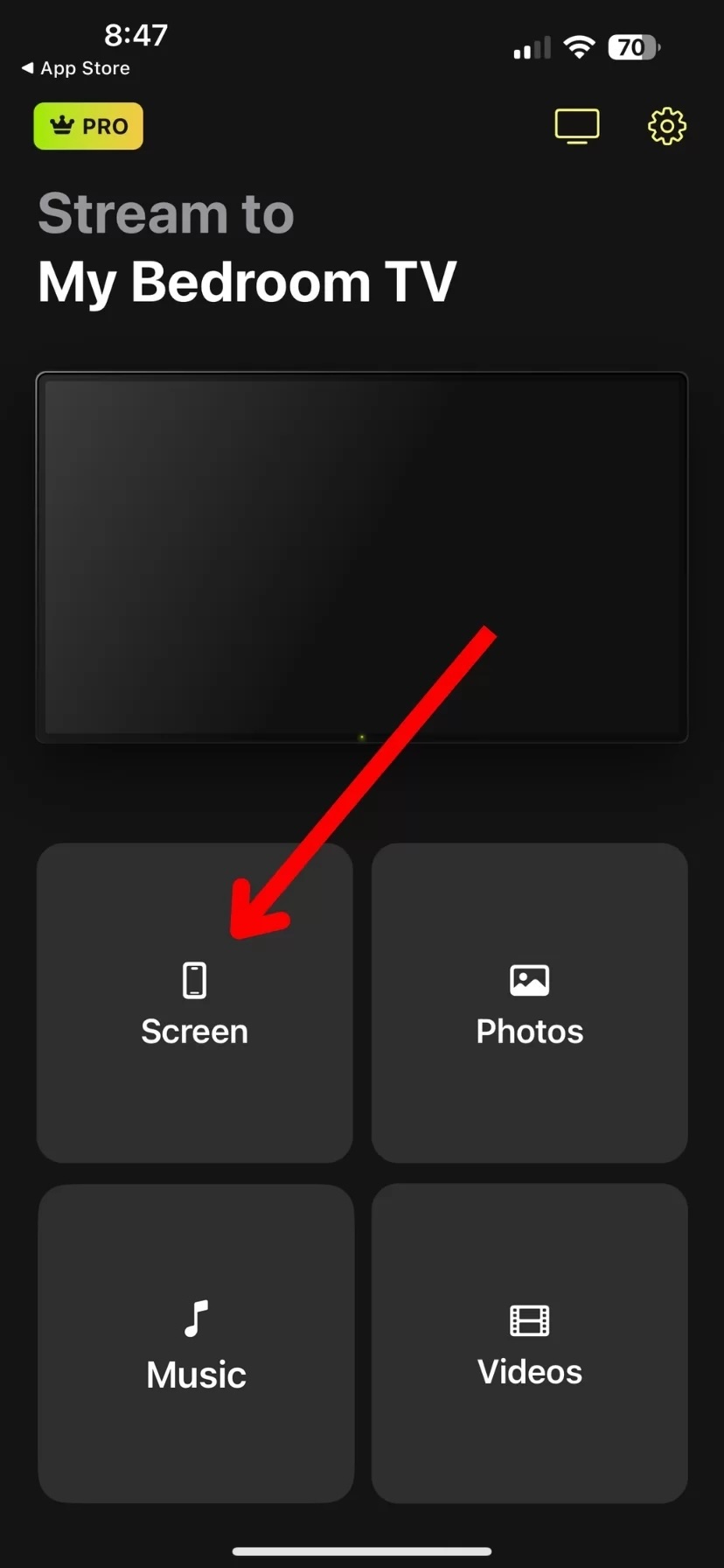 Select your Chromecast and then tap on the Screen tile in DoCast