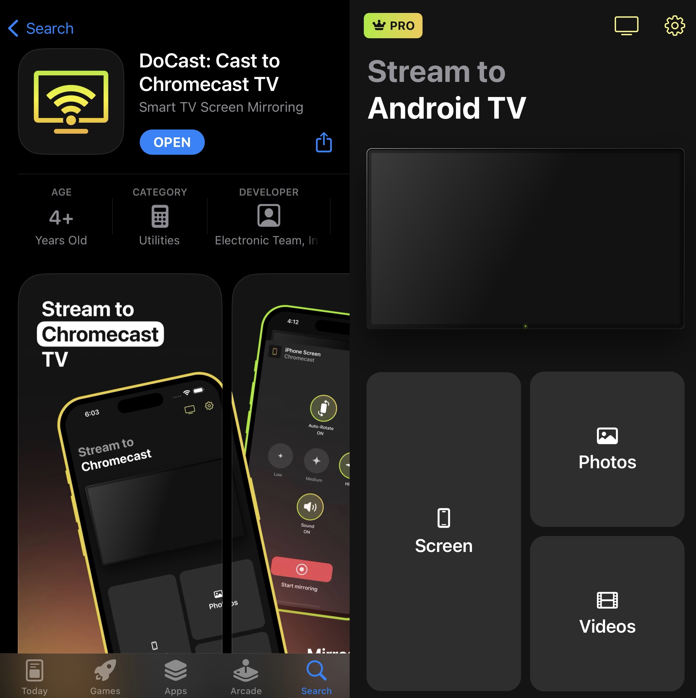 DoCast live video streaming app for iPhone