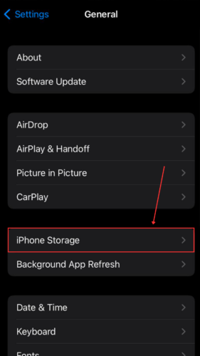 iPhone Storage option in General