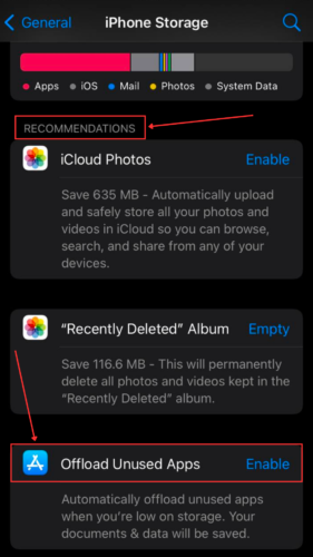 Offload Unused Apps under Recommendations in iPhone Storage
