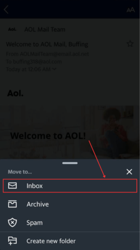 Selected mail in AOL Trash destination option