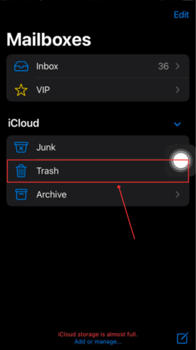 Trash option in Mailboxes menu