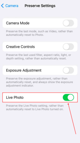 Live Photo option in Camera Preserve Settings 