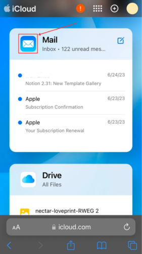 Mail option in Safari iCloud
