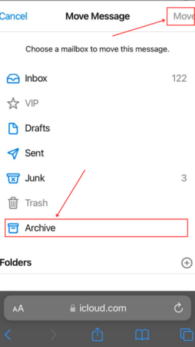 Selected mail in iCloud Trash destination option