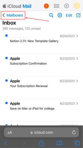 Mailboxes option in iCloud Inbox