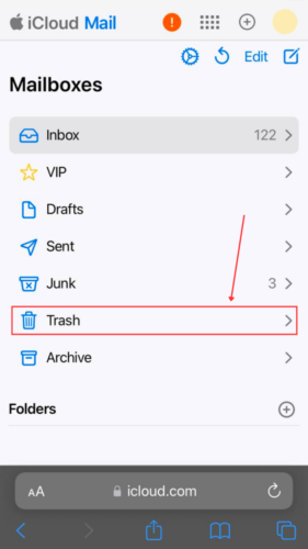 Trash option in iCloud Mailboxes menu
