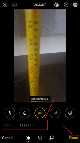 Adjustment slider in sharpness editing tool