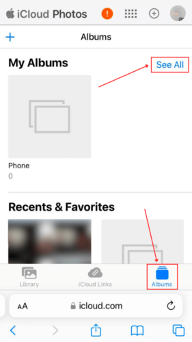 Albums button in iCloud Photos