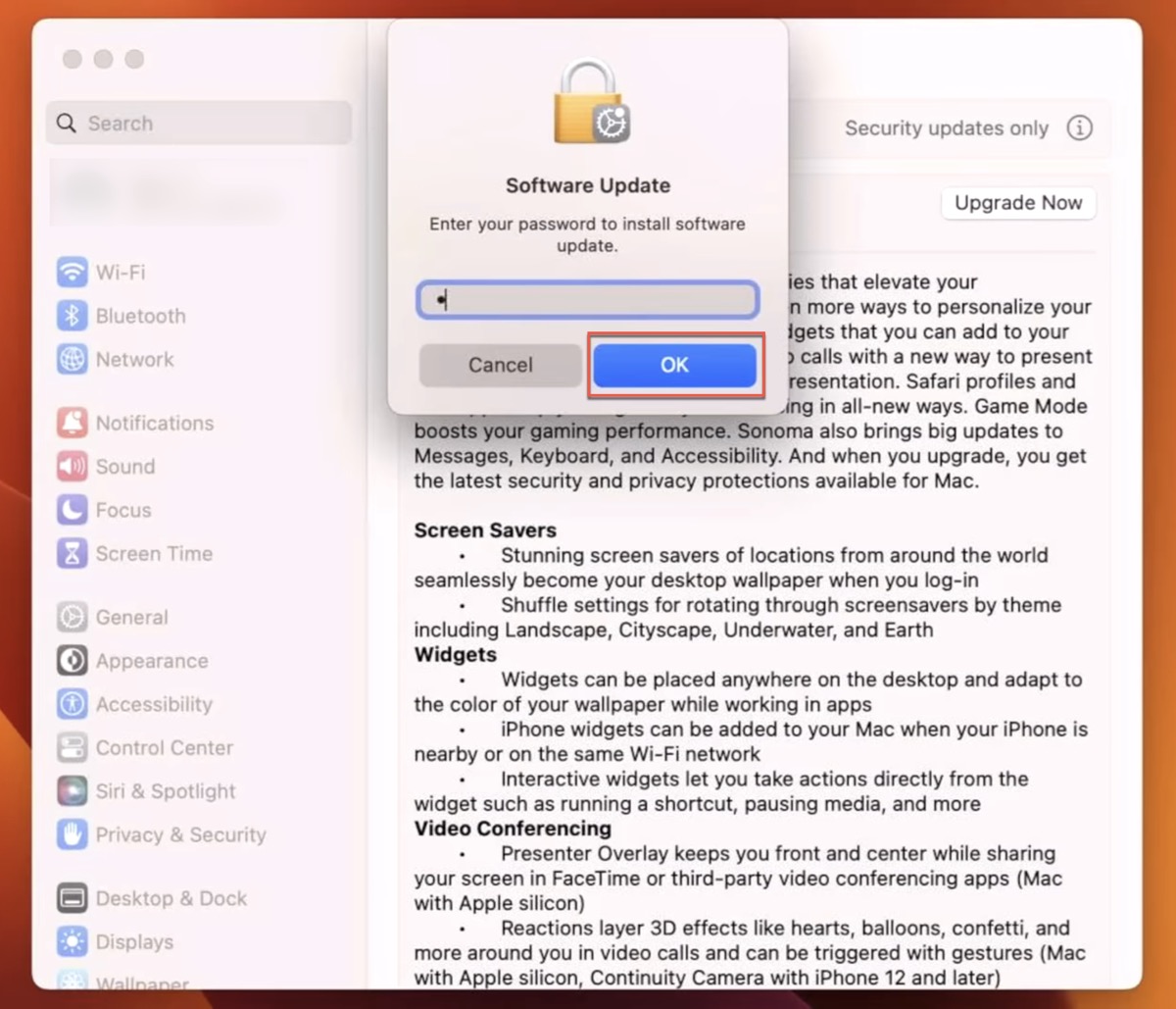 macos sonoma 14 upgrade admin password prompt