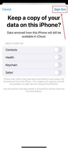 Confirm Sign Out in Apple ID Settings 