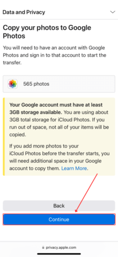 Confirm Copy of Photos to Google Drive