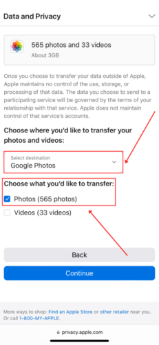 Copy of Data Google Photos Destination option