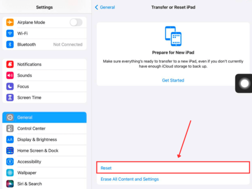 Select reset in iPad settings