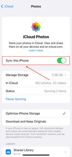 Disable Sync This Phone option in iCloud Photos Settings