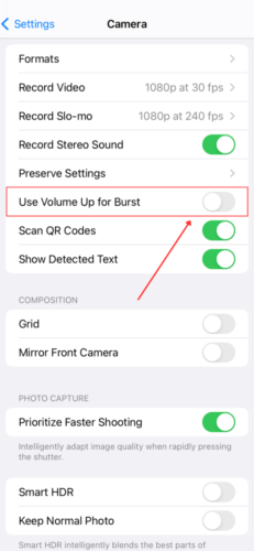 Use Volume Up for Burst Toggle in Camera Settings