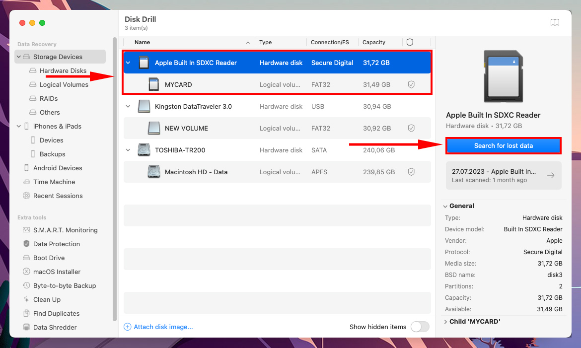 Disk Drill drive selection screen