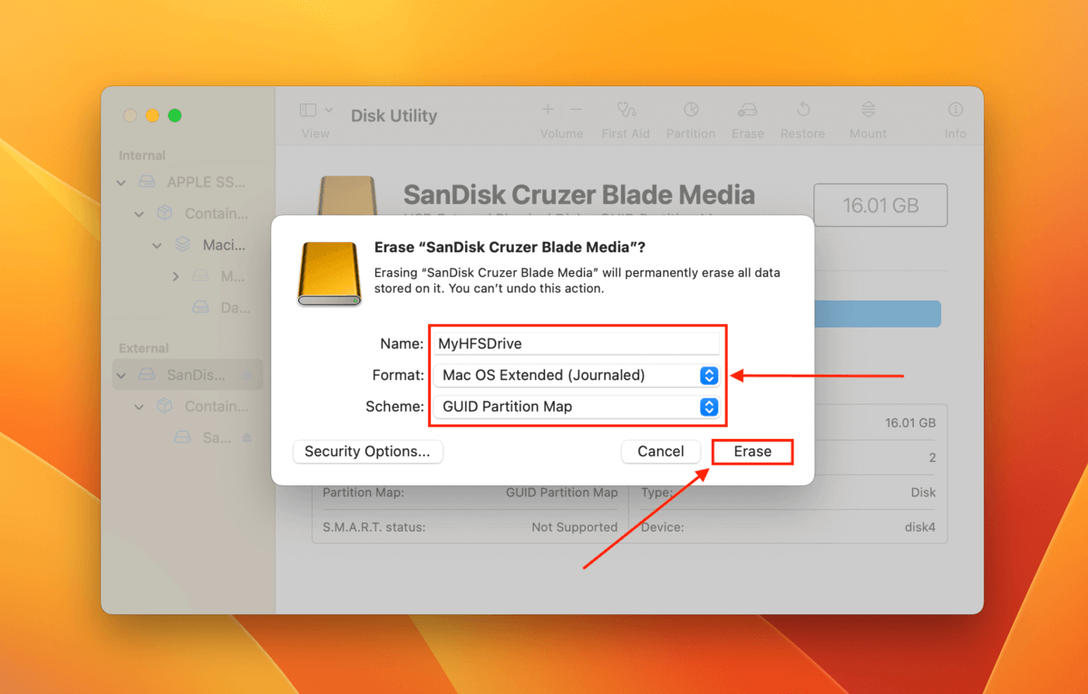 Erase dialogue in the Disk Utility app