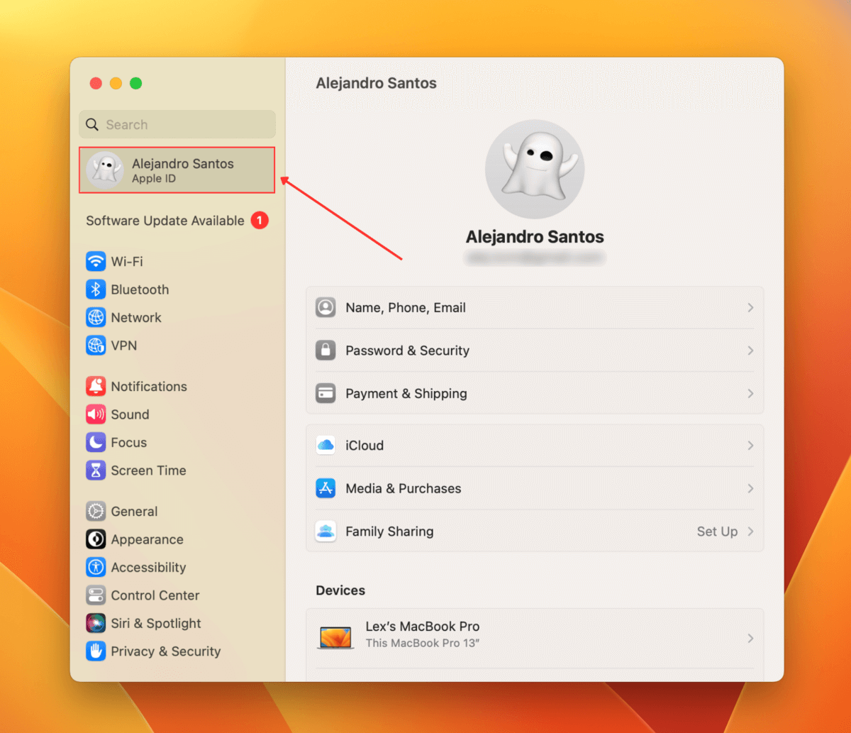Apple ID in Mac Settings app