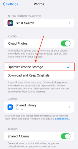 Optimize Storage in the iPhone's photo settings