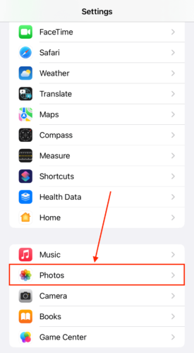 Photos in the iPhone's Settgs menu