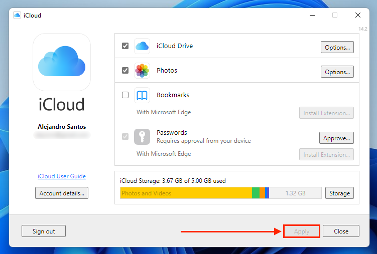 Apply button in the iCloud settings window