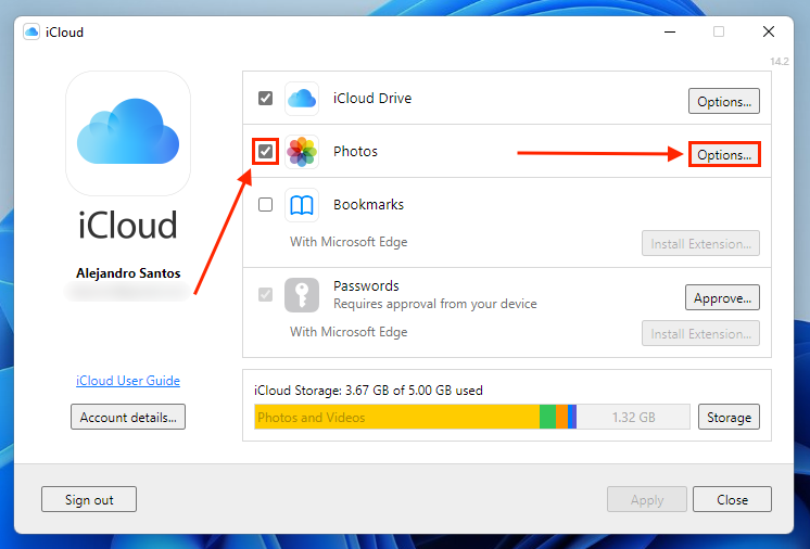 Photo options for iCloud on Windows