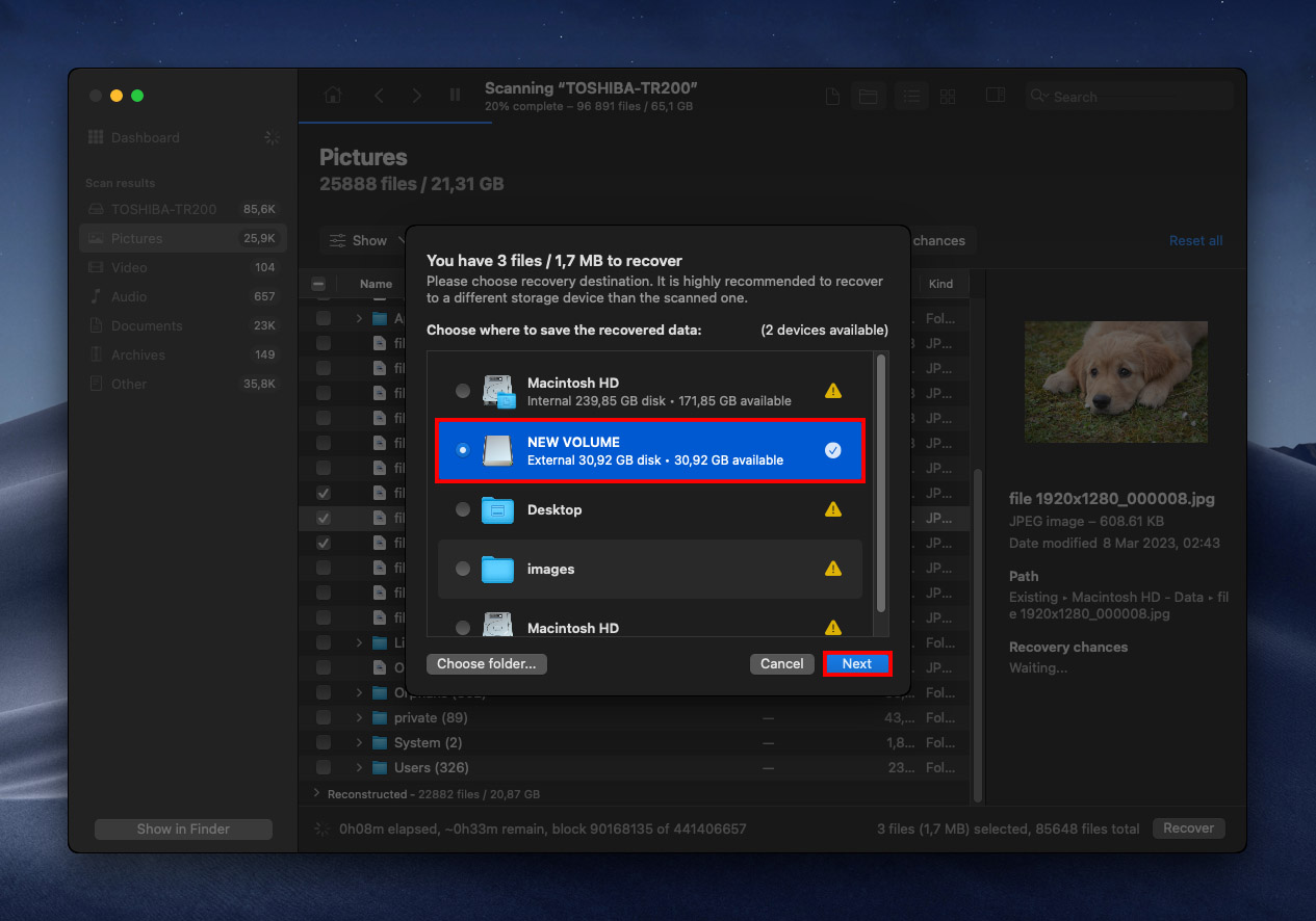 File destination selection window in Disk Drill