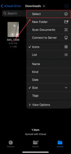 Select Option in iCloud Drive Downloads Menu