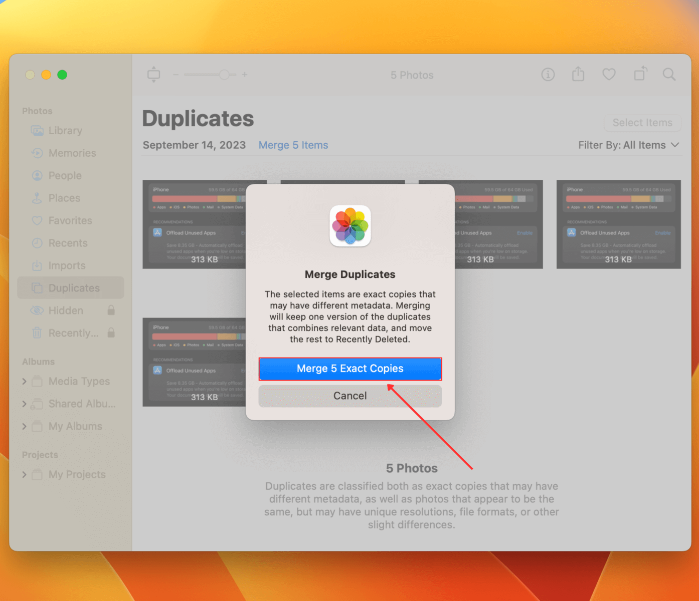 Confirm Merge duplicates in iCloud Photos