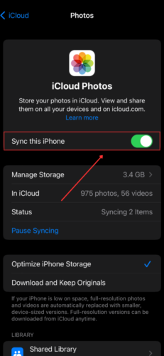 Sync Option in iCloud Photos
