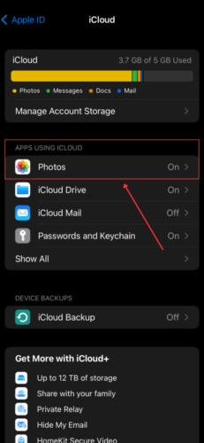 Photos Option in iCloud Settings