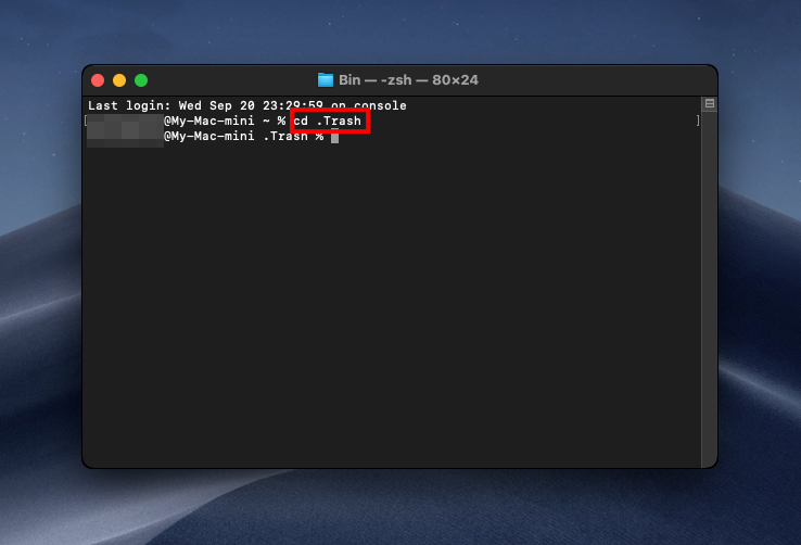 Trash folder in the Terminal app