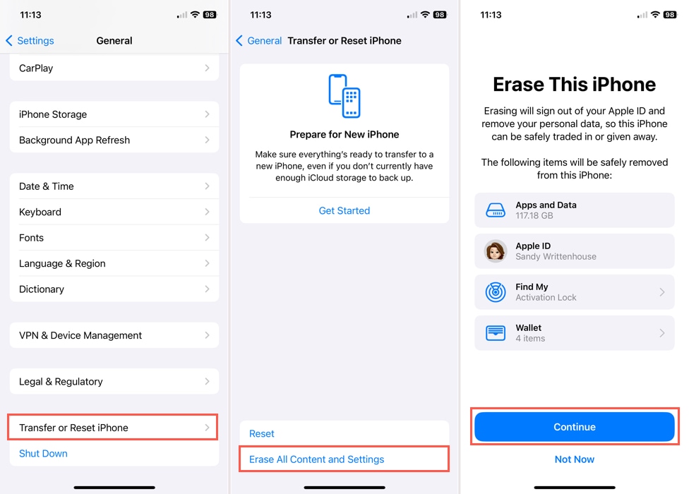Transfer and reset with erase in settings