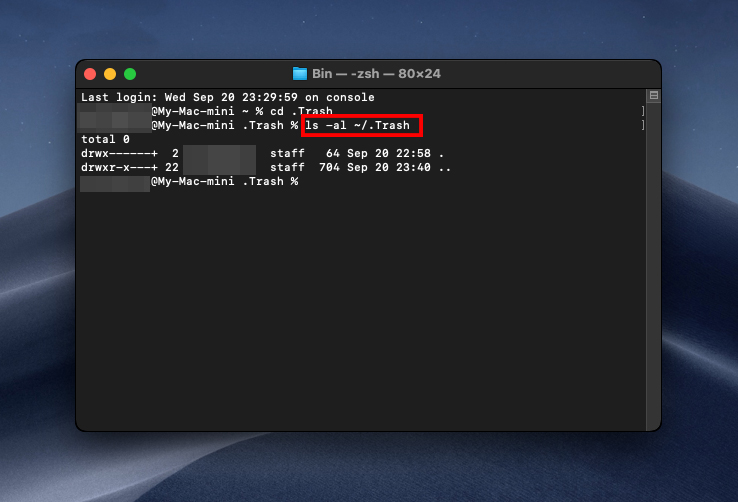 Command to show Trash folder contents in Terminal app