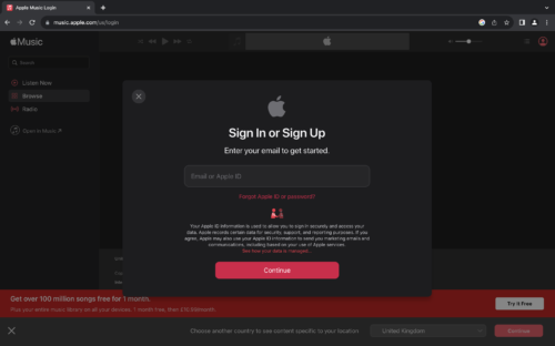 Log in into Apple Music in Chrome browser