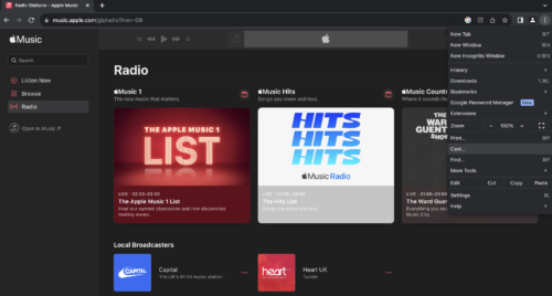 Tap on the three dots in Chrome browser and then press on the Cast option