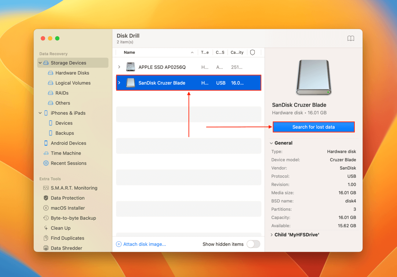 Disk Drill list of drives