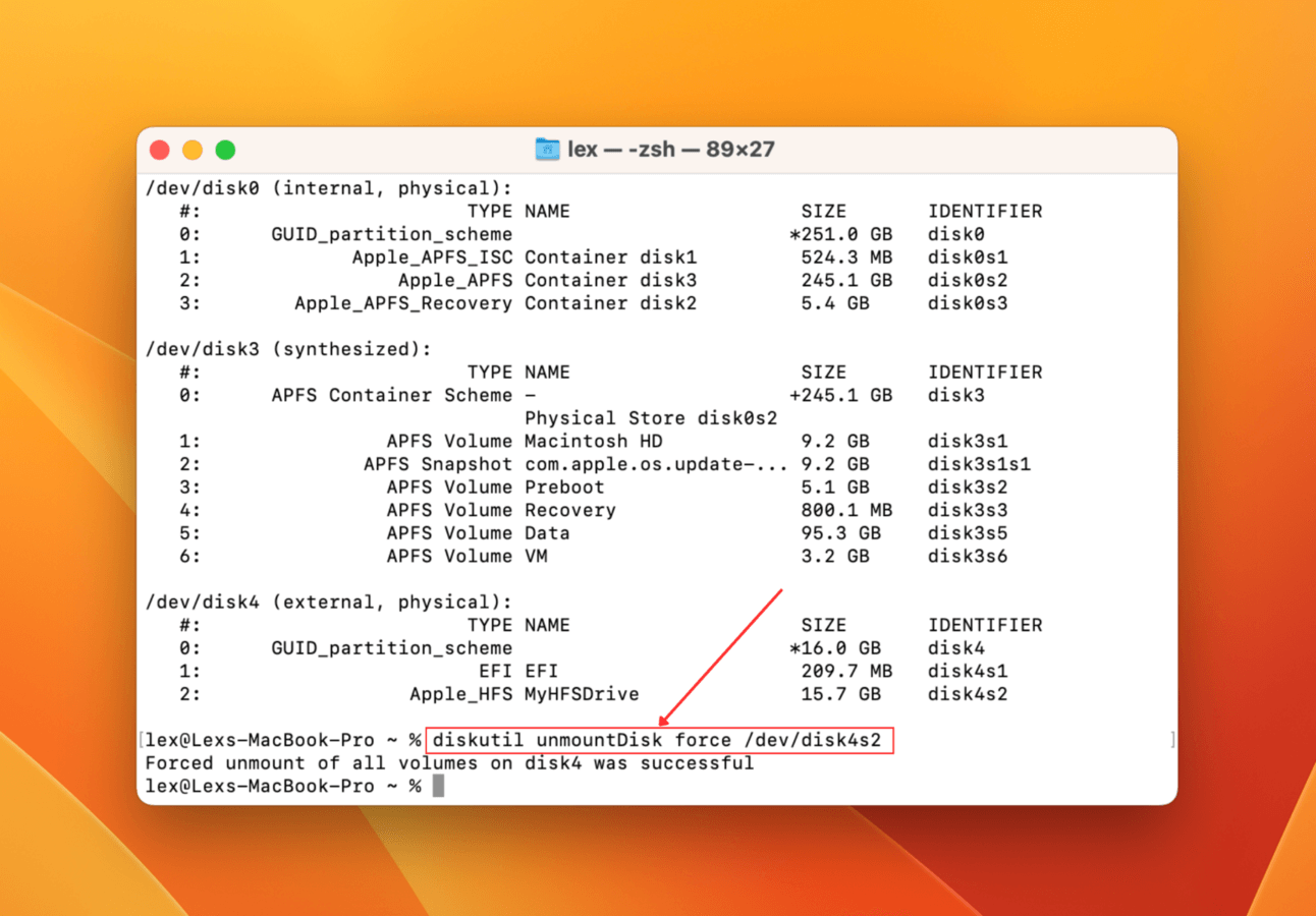 UnmountDisk Force in diskutil