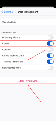 Clear cache settings in the Firefox app on iPhone