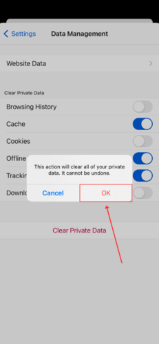 Confirm clear cache action for Firefox app on iPhone