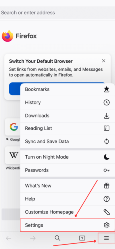 Settings button in the iPhone Firefox app