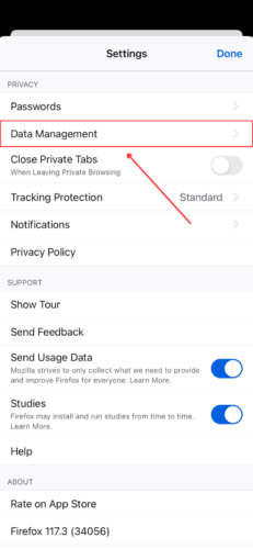 Firefox Data Management settings on iPhone