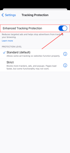 Enhanced Tracking Protection setting for the Firefox app
