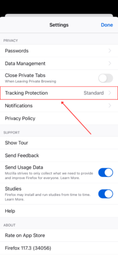 Tracking Protection settings for the Firefox app