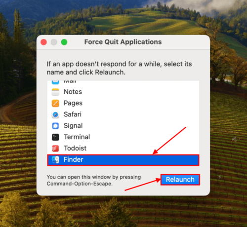 Finder and relaunch in force quit applications