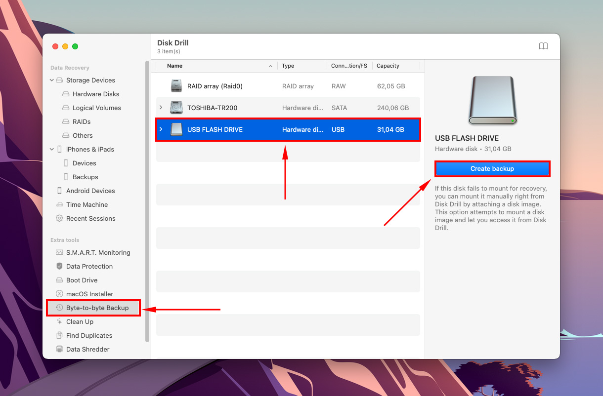 Disk Drill Byte-to-byte backup window