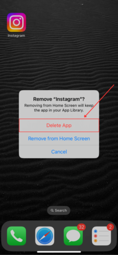 Delete App dialogue on the iPhone homescreen
