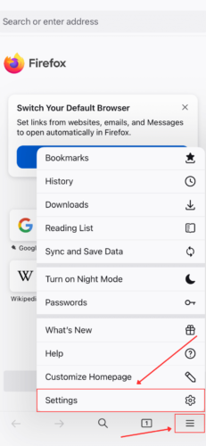 Firefox settings button on iPhone